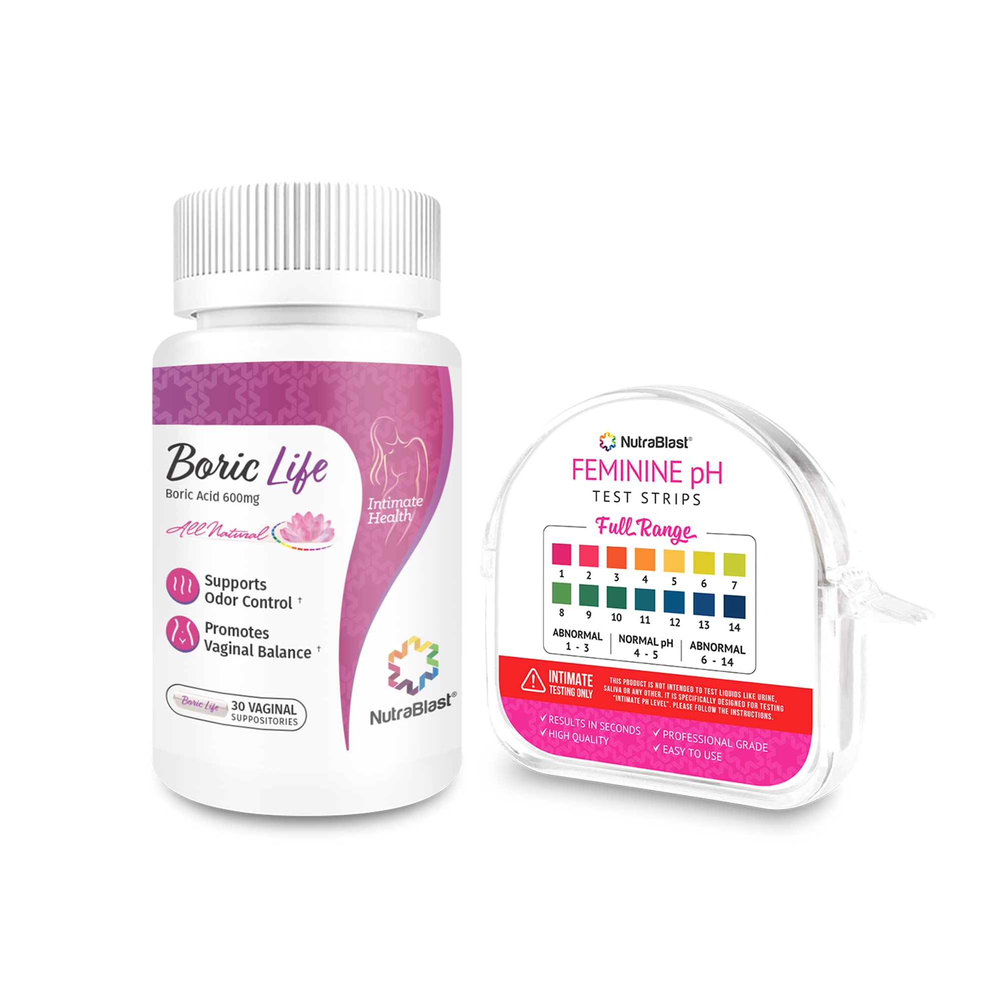 NutraBlast Boric Acid Vaginal Suppositories 600mg (30 Count) & Feminine pH Test Strips 1-14 (100-Tests Roll) | Monitor Feminine Intimate Health | Acidity & Alkalinity Balance NutraBlast buy supplements canada