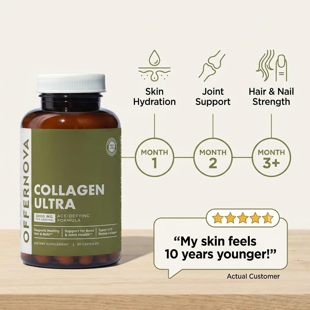 Offernova Collagen Ultra Hydrolyzed Collagen Supplements - 3000mg Anti Aging Bovine Collagen Peptides for Healthy Joints, Bones, Hair and Skin. Offernova buy supplements canada