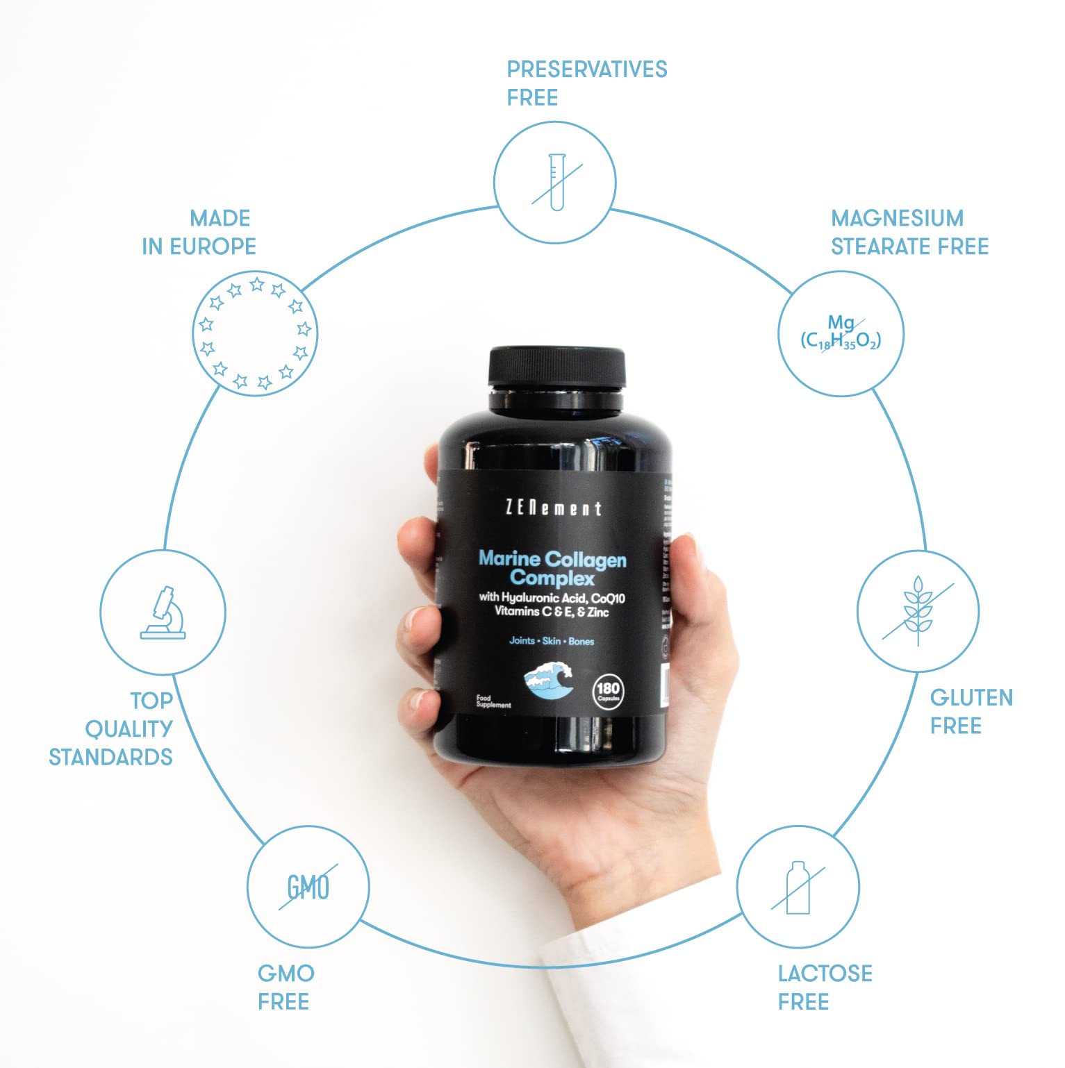 Marine Collagen Complex, with Hyaluronic Acid, CoQ10, Vitamins C & E, & Zinc, 180 Capsules Zenement buy supplements canada
