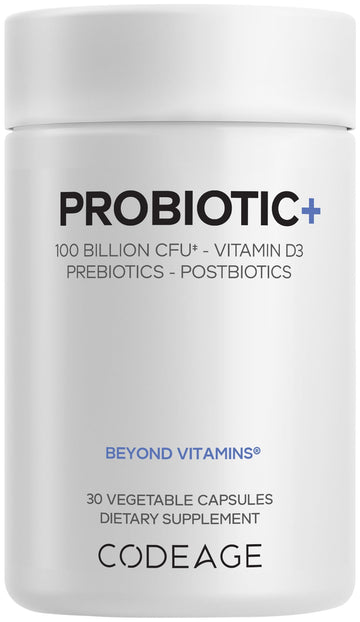 Codeage Probiotic+ 100 Billion CFU Supplement - 12-Strain Probiotic Blend, Organic Prebiotic Fiber, Postbiotics, Vitamin D3, Zinc Bisglycinate, Quercetin - for Men & Women - Non-GMO- 30 Capsules Codeage buy supplements canada