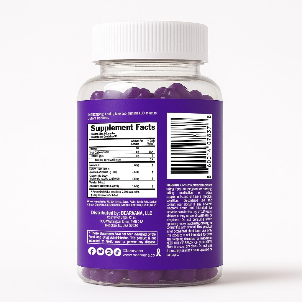 BEARVANA Sleep Gummies with Melatonin | Grape Flavored Vegan Sleep Supplement with Lemon Balm, Chamomile & Valerian Root | Night time Relaxation & Rest Support | 60 Gummies BEARVANA buy supplements canada