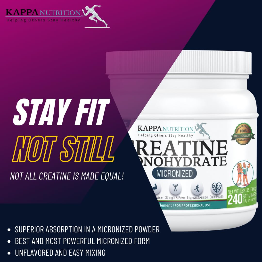 Kappa Nutrition Creatine Monohydrate Powder, Pure Amino Acid Formula, Supports Muscle Strength, Cellular Energy & Mental Focus* Gluten-Free, Keto, 2.25g per Scoop, 240 Servings, Net Wt. 1.32 LB (600g) KAPPA NUTRITION buy supplements canada