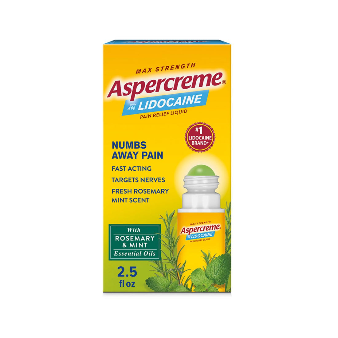Aspercreme Essential Oils Lidocaine Pain Relief with No-Mess Roll-On Applicator, Max-Strength Lidocaine Numbs Away Nerve Pain, Moisturizing Aloe Hydrates Skin, Rosemary & Mint, 2.5 Oz. Aspercreme buy supplements canada