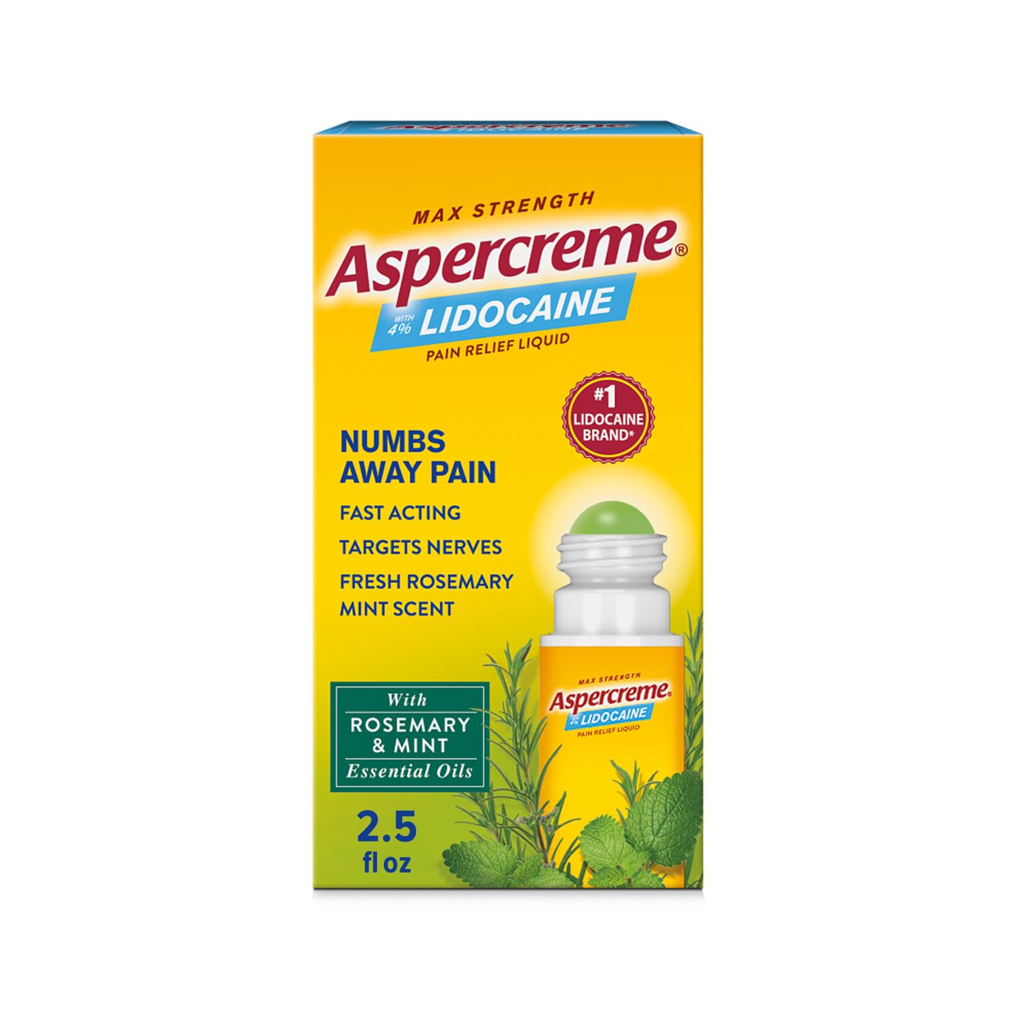 Aspercreme Essential Oils Lidocaine Pain Relief with No-Mess Roll-On Applicator, Max-Strength Lidocaine Numbs Away Nerve Pain, Moisturizing Aloe Hydrates Skin, Rosemary & Mint, 2.5 Oz. Aspercreme buy supplements canada