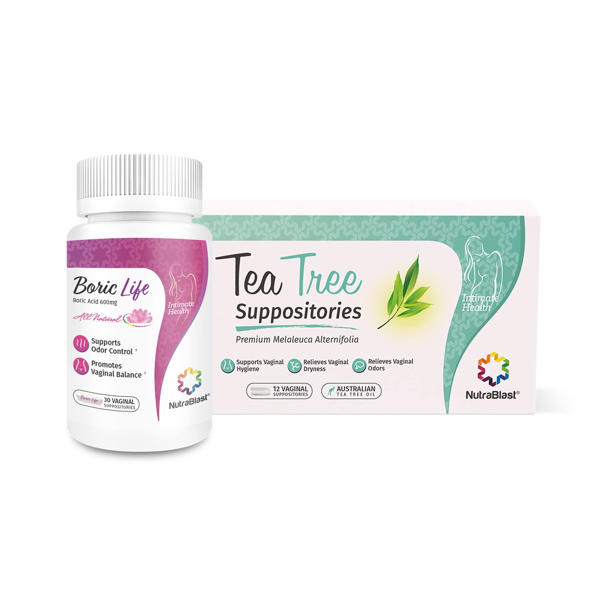 NutraBlast Boric Acid Suppositories 600mg (30 Count) Bundle with Tea Tree Oil Suppositories (12 Count) | All Natural Intimate Deodorant for Women | Restore Feminine pH Balance NutraBlast buy supplements canada