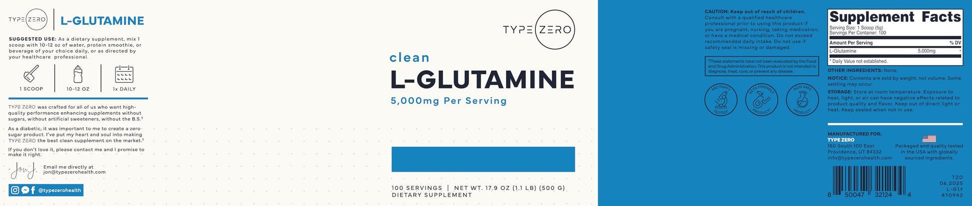 Type Zero L-Glutamine Powder (500G) 3-Month Supply Pure L-Glutamine Supplement - Vegan, Gluten Free, No Fillers Type Zero buy supplements canada
