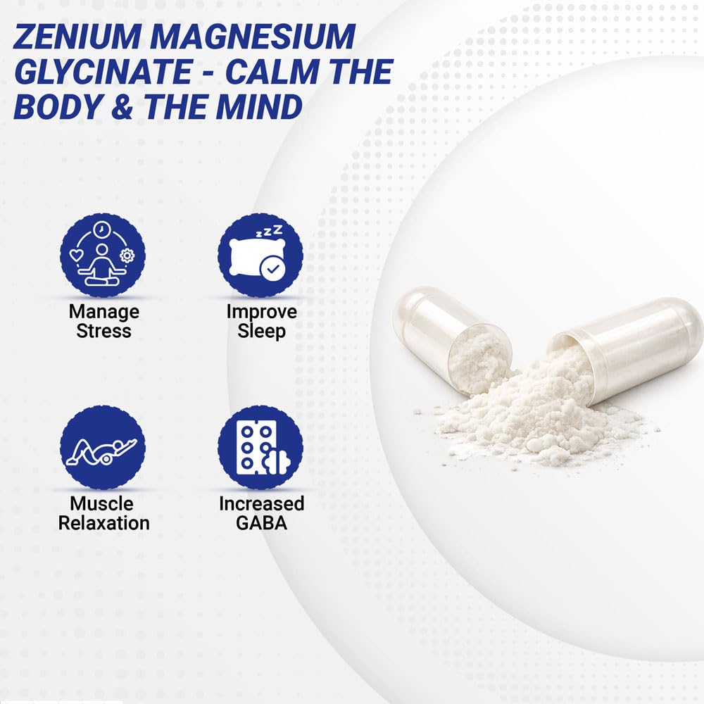 Zenium - Magnesium Glycinate for Sleep, Chelated, 600mg per Serving, 120 Capsules | High Absorption | Relieve Tension, Worry, Nervousness | Calm The Mind & Body | Ayurvedic | Natural Relief Supplement Zenium buy supplements canada