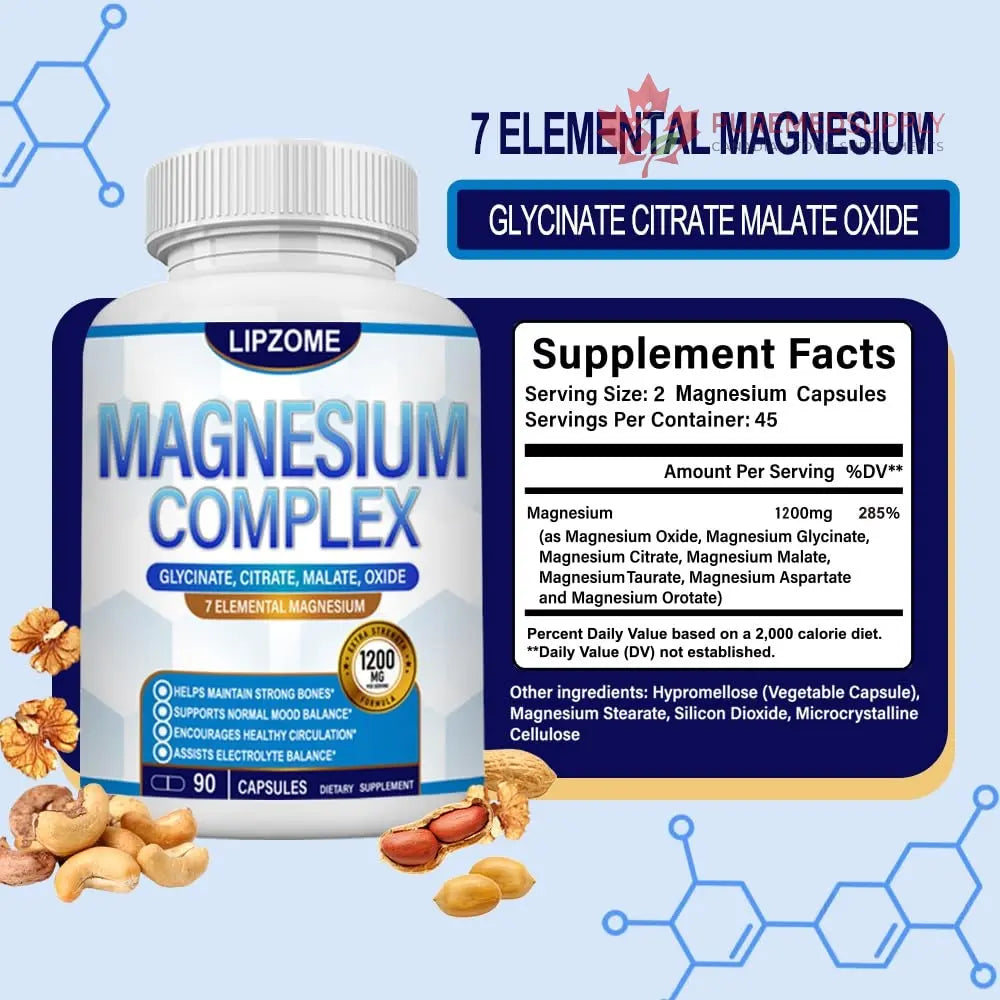 Magnesium Complex Supplement 1200mg - Advanced 7-in-1 Magnesium Blend - Glycinate, Citrate, Malate, Taurate, Oxide, Aspartate, Orotate – High Absorption Formula – Non-GMO, 90 Capsules Lipzome buy supplements canada