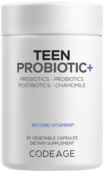 Codeage Teen Probiotic+ Supplement - 25 Billion CFU Probiotic Blend with Prebiotics, Postbiotics & Chamomile - Gut & Digestion Support for Teens and Teenagers 12 & Up - Non-GMO- 30 Capsules Codeage buy supplements canada