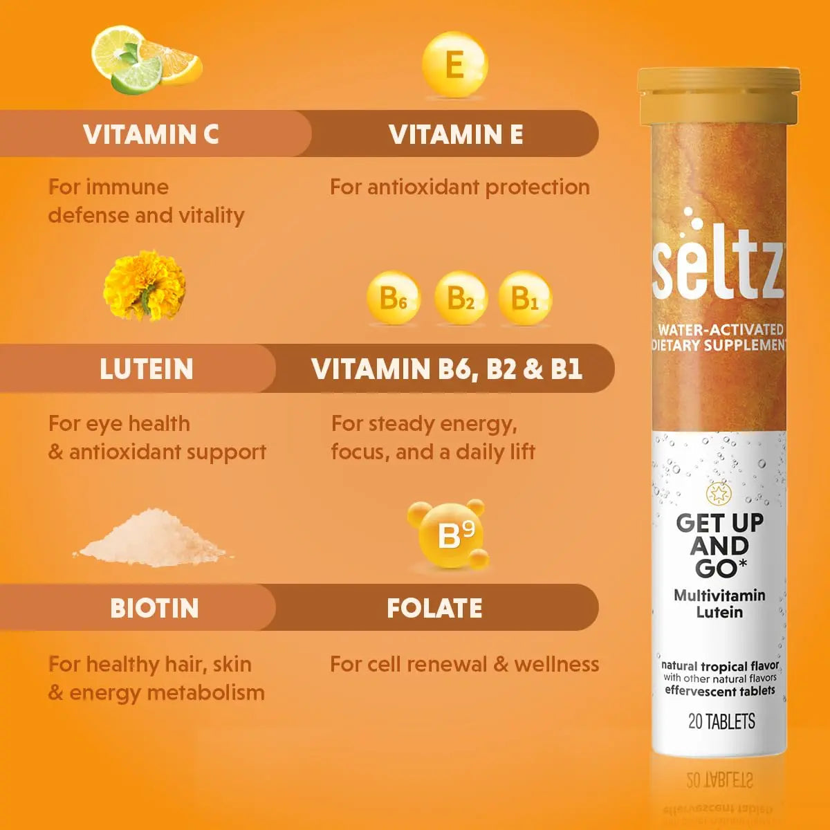 Seltz® Get Up and Go – Effervescent Multivitamin with Lutein for Daily Energy, Eye Health & Antioxidant Support Seltz buy supplements canada