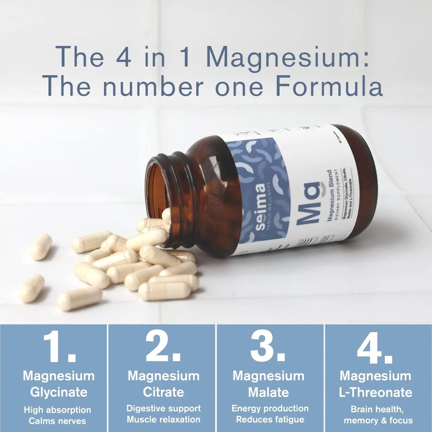 SEIMA - 4-in-1 Magnesium Complex – 1200 mg with Glycinate, Citrate, L-Threonate and Malate – Sleep, Stress Relief, Muscle Recovery, Energy and Well-Being for Women and Men, 90 Capsules Seima buy supplements canada