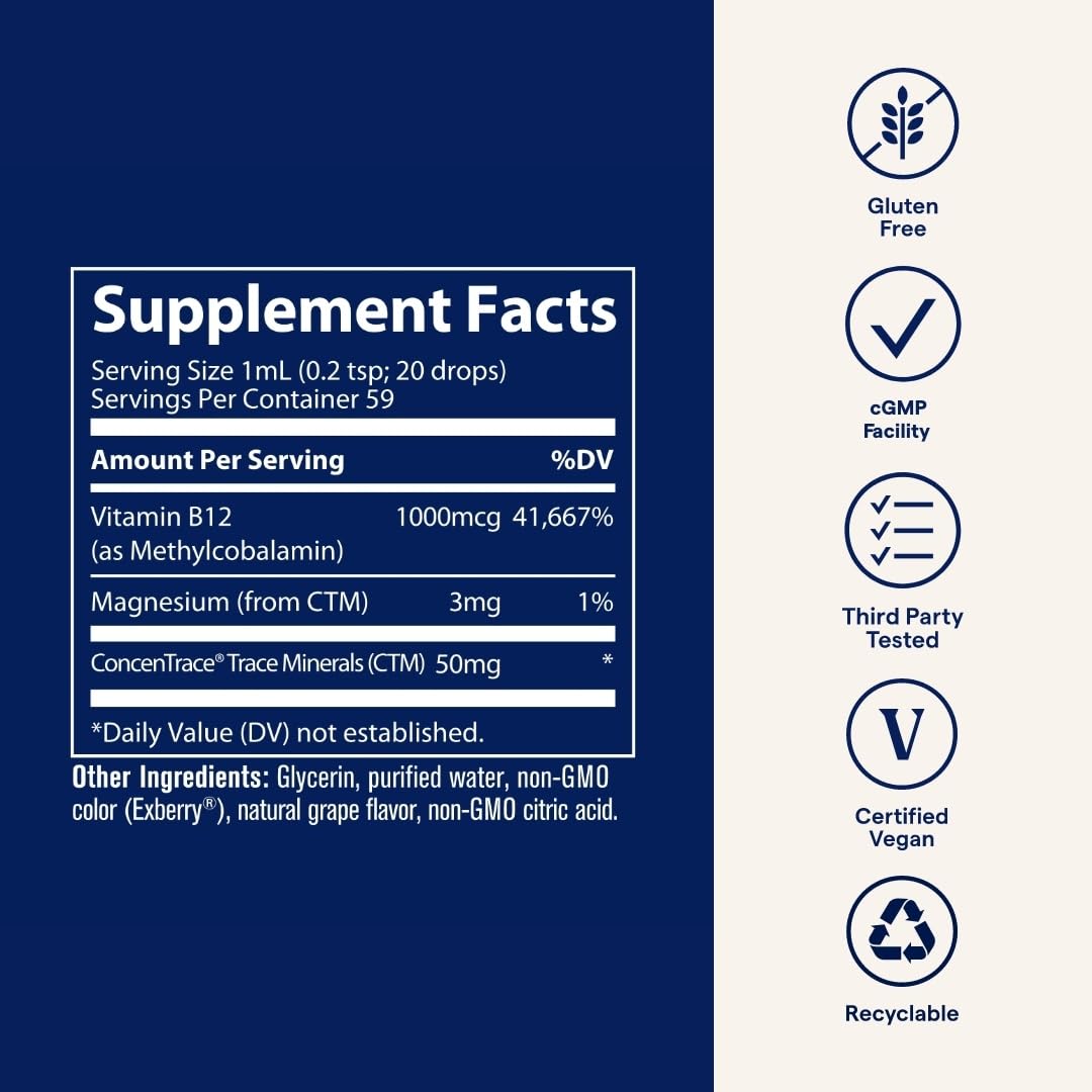 Trace Minerals Ionic B12 - Liquid Multivitamin for Hormone Balance & Healthy Nerve Function - Supports Metabolic Health - Enzyme Production - Natural Wellness Formula - 2 fl oz (59 Servings) Trace Minerals buy supplements canada