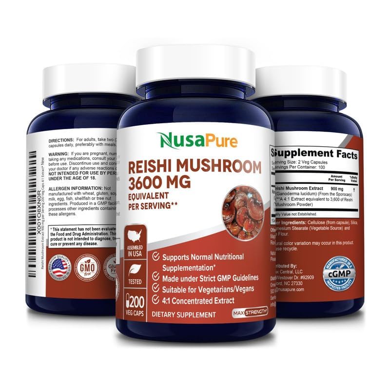 NusaPure Reishi Mushroom 4:1 Extract, 900 mg Equivalent to 3,600mg per Capsule 200 Veggie Caps Vegan, Non-GMO, Gluten-Free NusaPure buy supplements canada