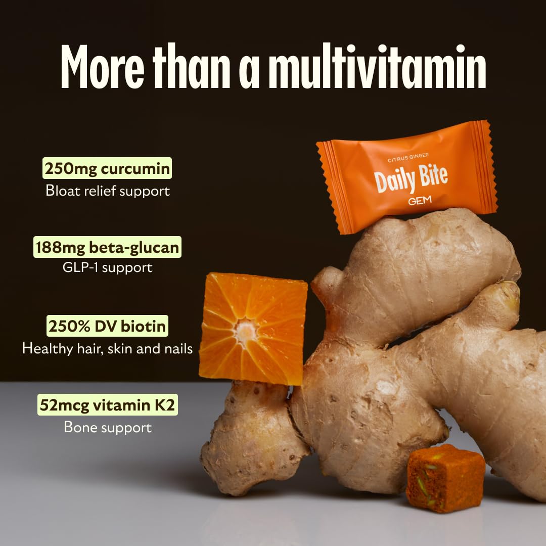 GEM Daily Bite for Women & Men, with 20+ Vitamins, Minerals, & Superfoods Like Zinc, Vitamin D, B-Complex, K, Turmeric, Fiber & Prebiotics, Beta Glucan GLP-1 Support & Immunity (Citrus Ginger,7 count) GEM buy supplements canada