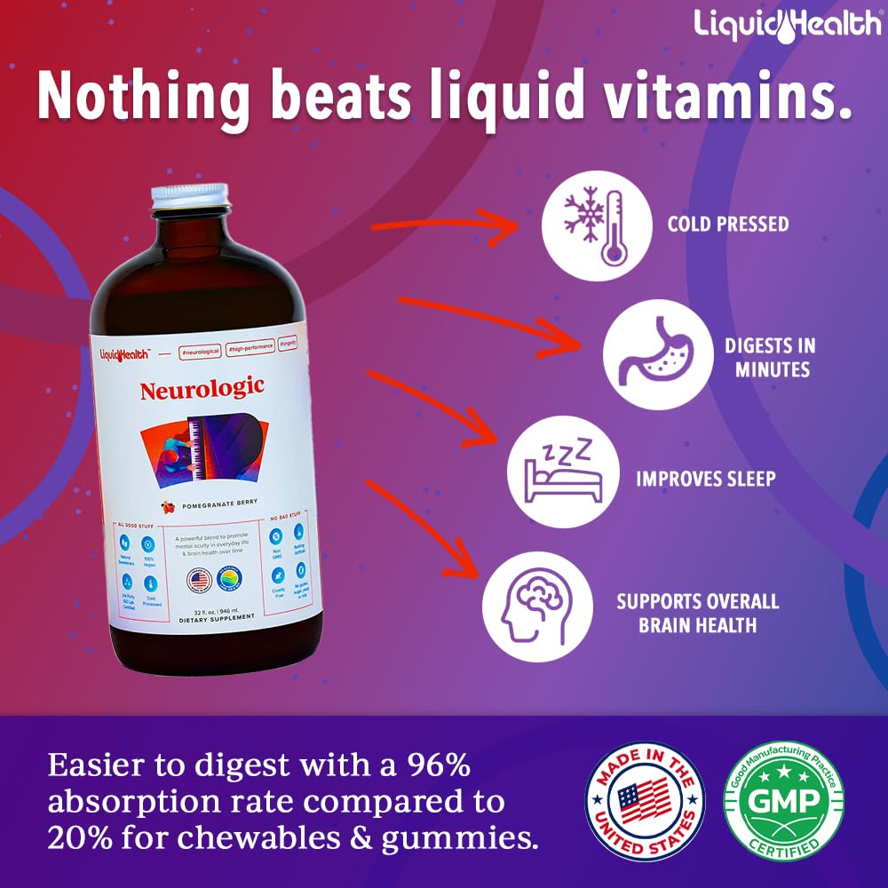 LIQUIDHEALTH Neurologic Focus Supplement - Brain Booster Nootropic Supplement for Cognitive Function, Memory & Focus with Ginkgo Biloba, Choline, L-Theanine & Phosphatidylserine - USA Made (32 oz) LIQUIDHEALTH buy supplements canada