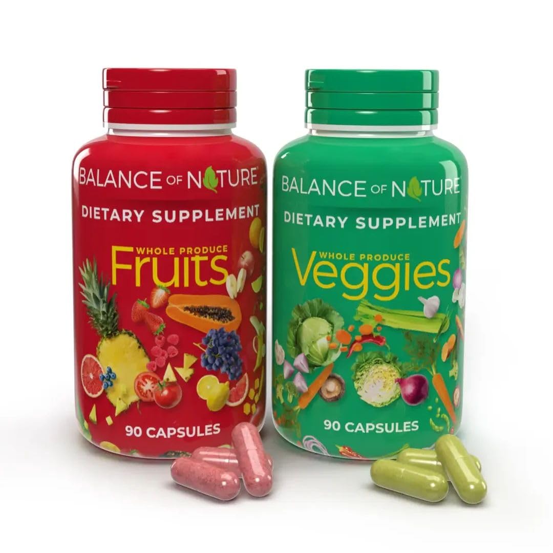 Balance of Nature Fruits & Veggies Supplements - Whole Fruit and Vegetable Ingredients for Women, Men, and Kids - 90 Fruits Capsules, 90 Veggies Capsules - 1 Set Balance of Nature buy supplements canada