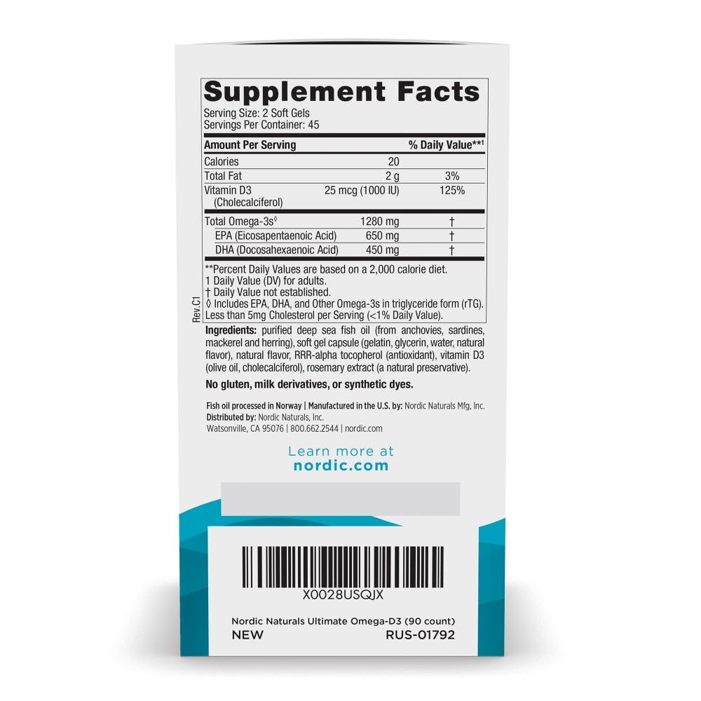 Nordic Naturals Ultimate Omega-D3, Lemon Flavor - 90 Soft Gels - 1280 mg Omega-3 + 1000 IU Vitamin D3 - EPA & DHA - Promotes Brain, Heart, & Immune Health - 45 Servings Nordic Naturals buy supplements canada