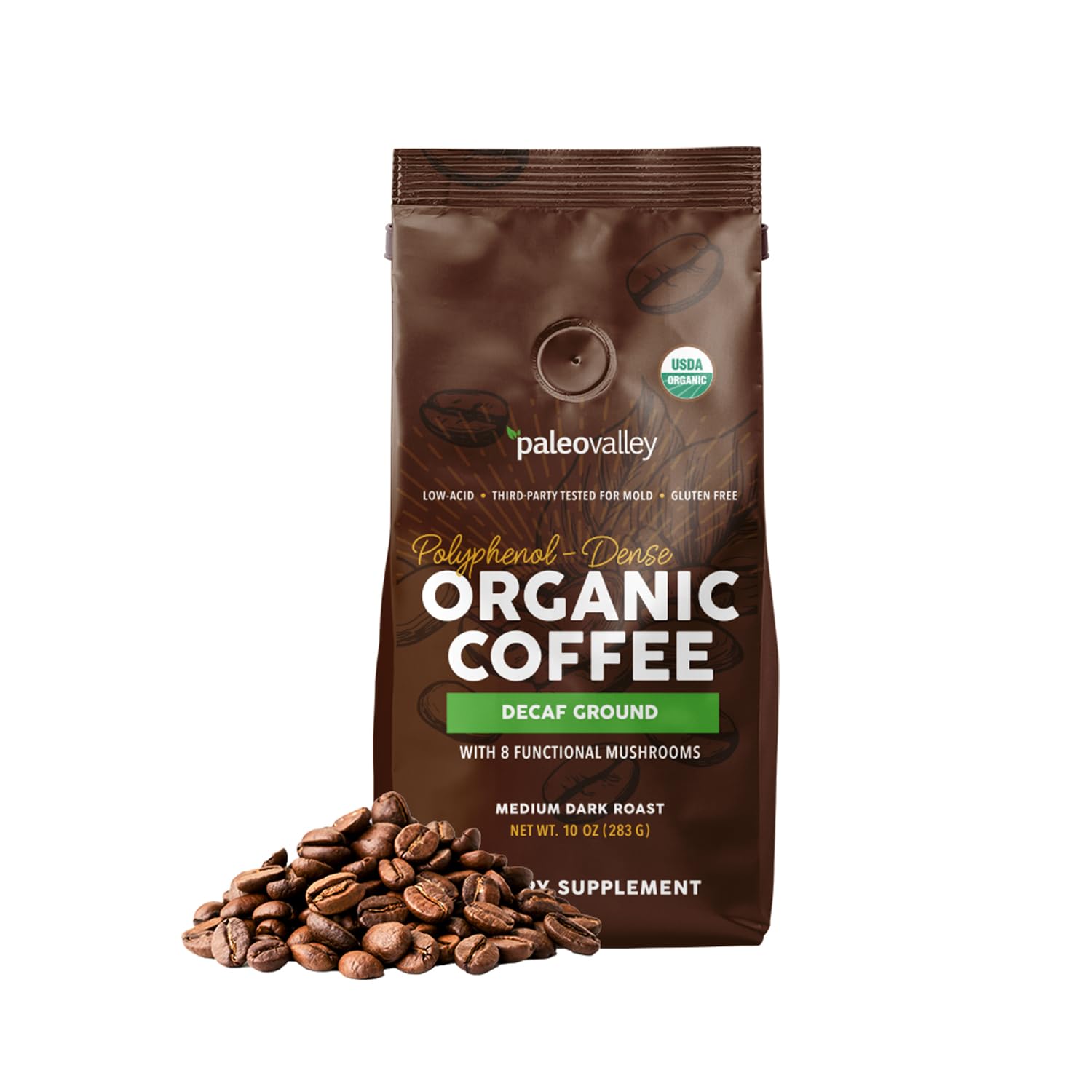 Paleovalley Organic Ground Coffee, 10oz - Decaf, Low Acid, Single-Origin, Polyphenol-Rich, Infused with Mushrooms Paleovalley buy supplements canada