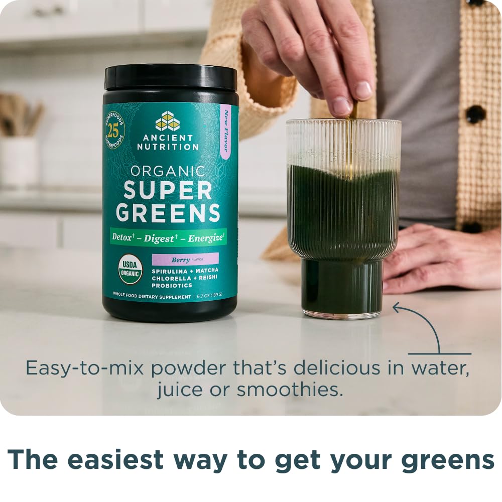 Ancient Nutrition SuperGreens Powder with Probiotics, Organic Berry Flavor Greens, Made from Real Fruits, Vegetables and Herbs, Digestive and Energy Support, 25 Servings, 6.7oz Ancient Nutrition buy supplements canada