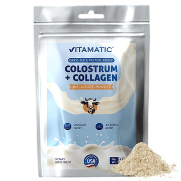 Vitamatic Bovine Colostrum + Collagen Powder - Supplement for Gut Health, Hair Growth, Beauty, Muscle Recovery, & Immune Support - Easy to Mix - Unflavored - 454 Gram, (16 oz) Vitamatic buy supplements canada