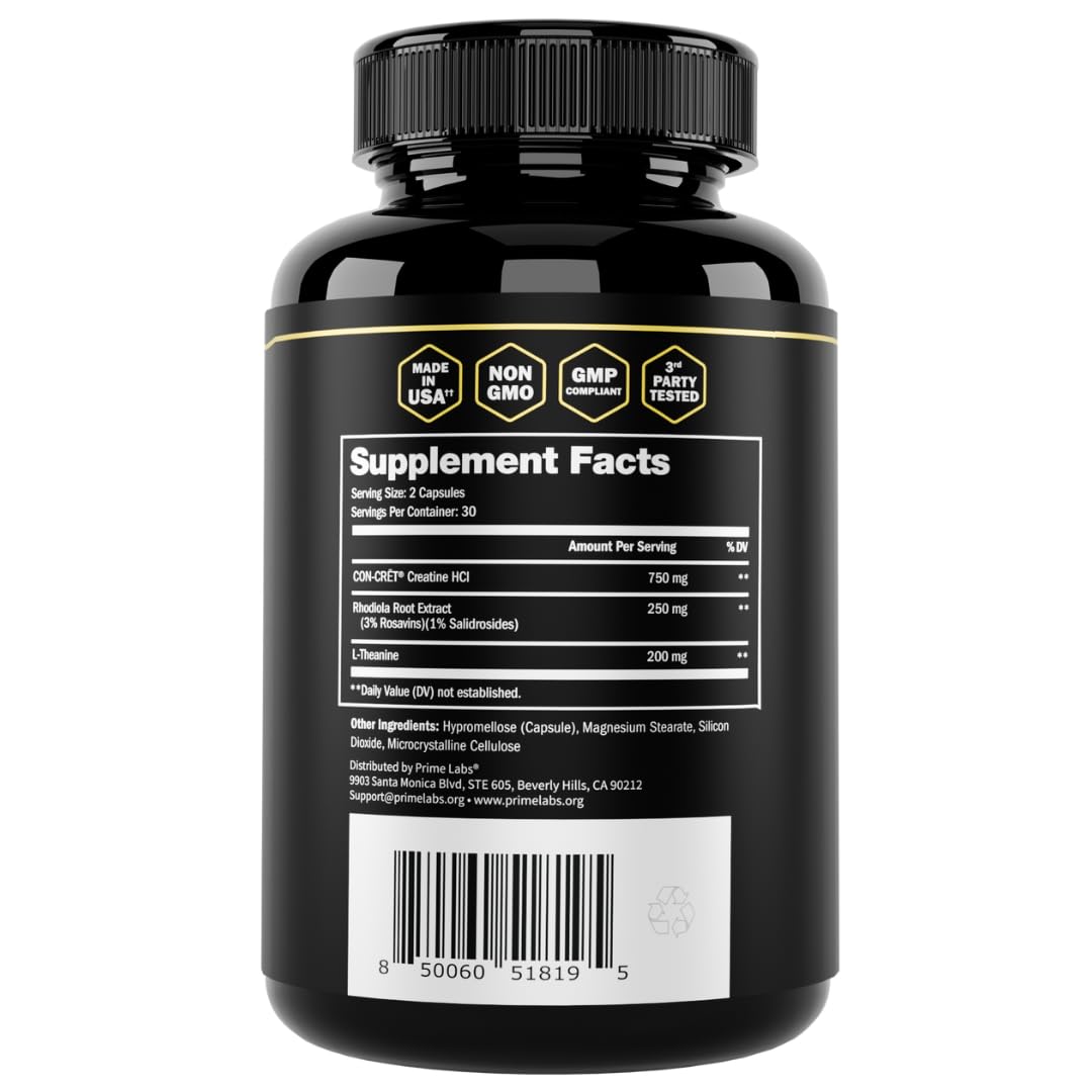 Prime Labs Creatine HCl Capsules - with CON-CRĒT®, Rhodiola Root Extract, & L-Theanine - Muscle Support, Endurance, Cognitive Function - for Men & Women - 60 Pills Prime Labs buy supplements canada