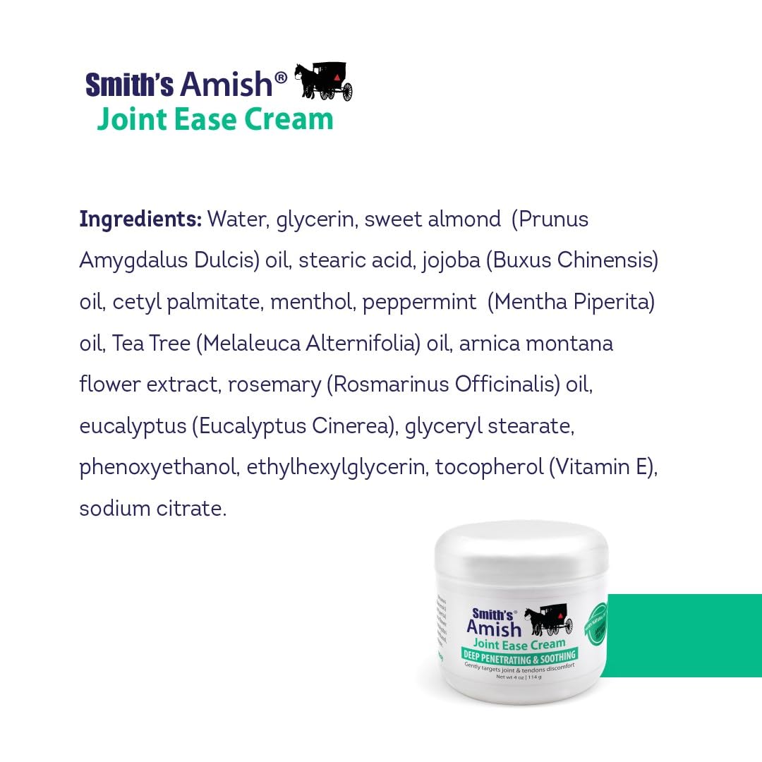 Smith’s Amish Joint Ease Cream 4 oz jar. Soothing and Cooling, with Botanicals of Arnica, Peppermint, Tea Tree, Rosemary and Eucalyptus Smith Amish buy supplements canada