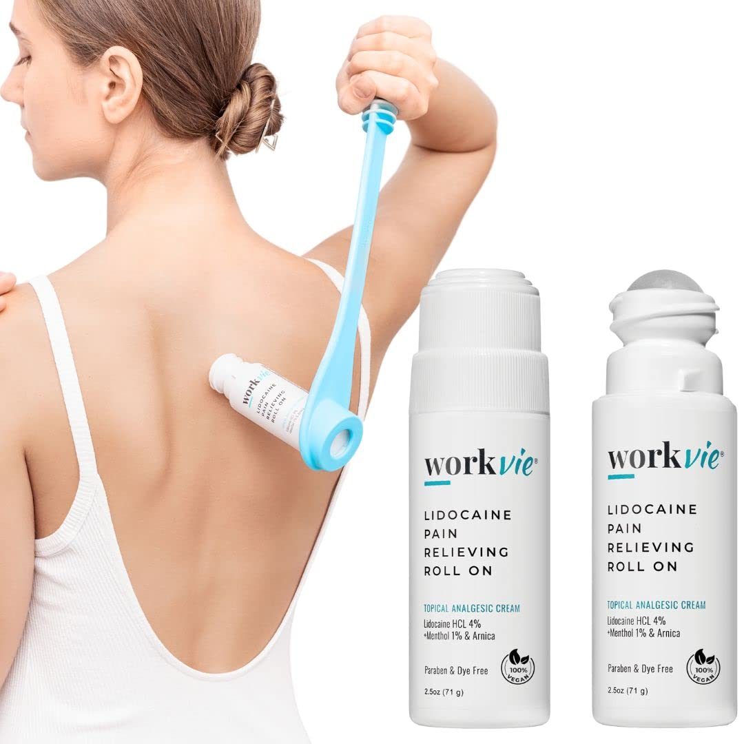 Workvie Lidocaine Pain Relief Roll On 2 Pack & Easy Reach Applicator Tool – Fast Acting Topical Lidocaine Maximum Strength with Arnica Montana & Aloe Vera for Muscles, Joints, Back, Neck & Feet Workvie buy supplements canada