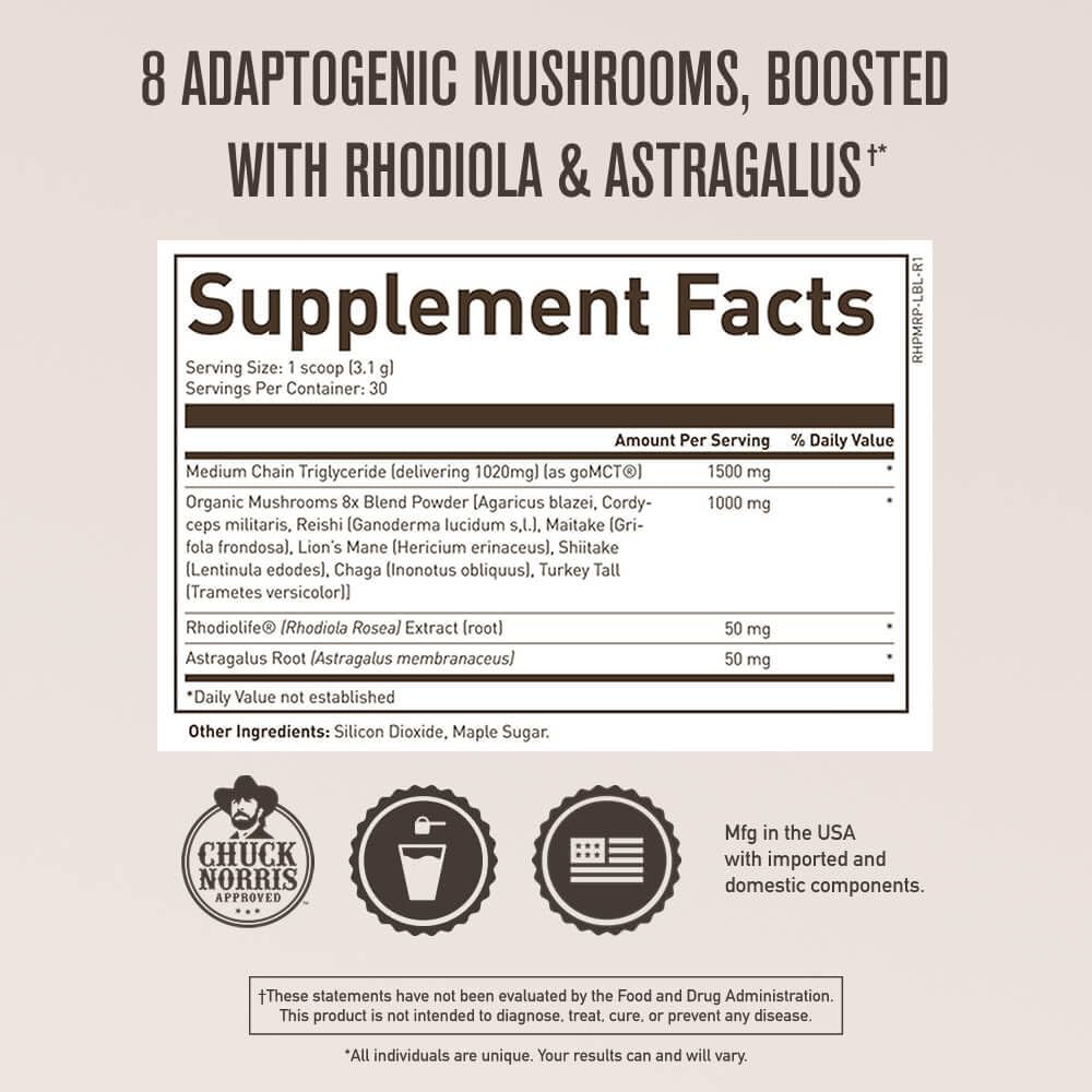 ROUNDHOUSE PROVISION Qi Master Adaptogen Blend, Earthy Mushroom Flavor with Astragalus Root, Rhodiolife Extract, MCT, 8 Organic Mushrooms (30 Scoops) by Chuck Norris ROUNDHOUSE PROVISION buy supplements canada