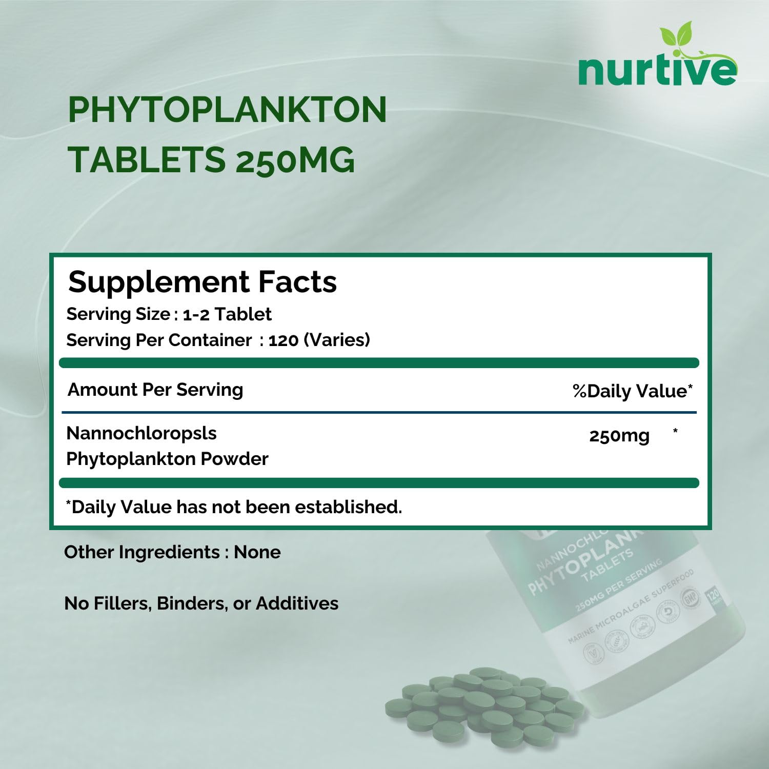 NURTIVE Nannochloropsis Phytoplankton Tablets – 250mg per Serving – Vegan, Gluten-Free, Non-GMO, No Fillers – Third-Party Tested, GMP Certified – 2 Tablets/Day for 2 Month, 120 Tablets/Bottle NURTIVE buy supplements canada