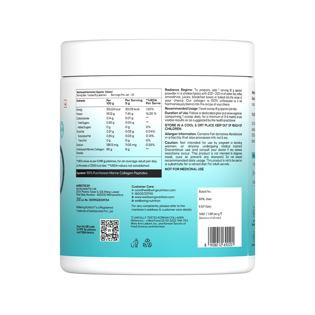 WELLBEING NUTRITION Pure Korean Marine Collagen Supplements for Women & Men, 200g | Hydrolyzed Collagen Powder and Amino Acids | Supports Healthy Skin, Hair, Nails, Bone & Joint | Unflavored WELLBEING NUTRITION buy supplements canada