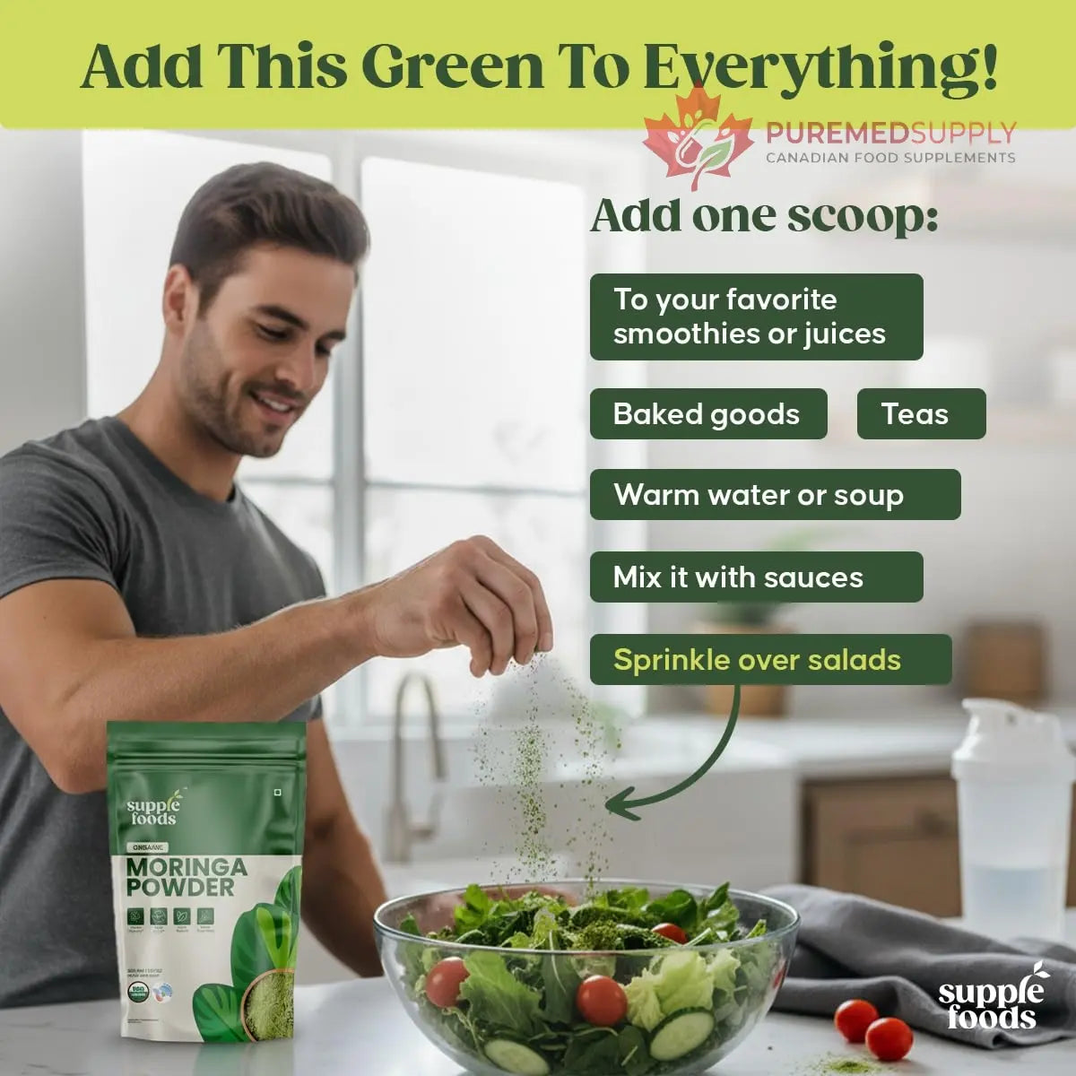 supplefoods Organic Moringa Powder 200 g / 7.05 oz | 100% Natural Green Superfood | Assists Digestion & Daily Detox | Finely Milled Moringa Leaf Powder | USDA Certified Organic Dietary Supplement supplefoods buy supplements canada