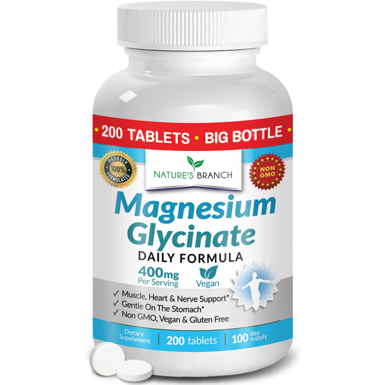 Magnesium Glycinate 400mg | 200 Tablets | High Absorption Mag Supplements for Sleep, Leg Cramps, Heart, Muscle, Calm | Non Buffered Bisglycinate, Extra Strength for Women and Men, Tablets Not Capsules NATURE'S BRANCH buy supplements canada