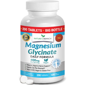 Magnesium Glycinate 400mg | 200 Tablets | High Absorption Mag Supplements for Sleep, Leg Cramps, Heart, Muscle, Calm | Non Buffered Bisglycinate, Extra Strength for Women and Men, Tablets Not Capsules NATURE'S BRANCH buy supplements canada