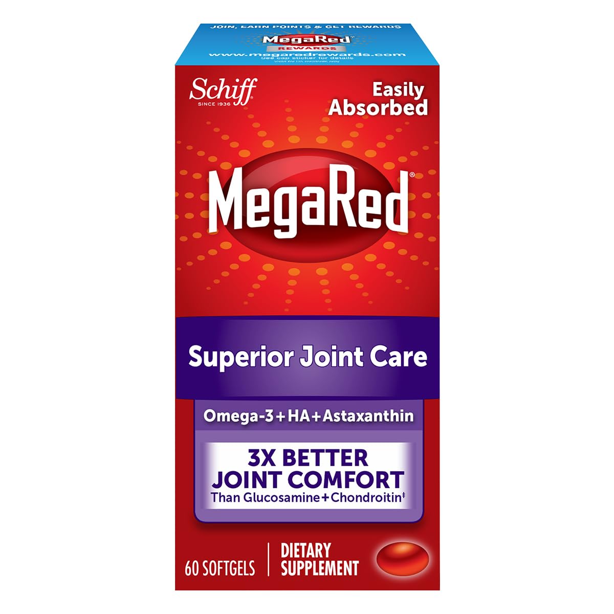Omega-3 Krill Oil and Joint Supplement - Megared Joint Care 60 softgels - EPA/DHA fatty acids, Antioxidants, Hyaluronic acid, No fishy burp aftertaste as with Fish Oil MegaRed buy supplements canada