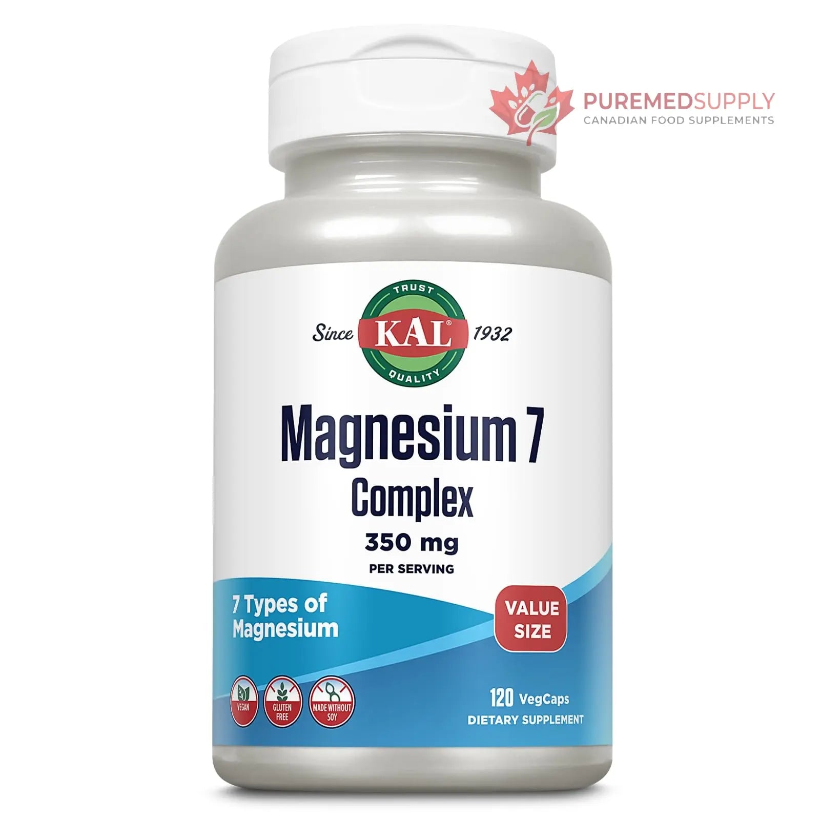 KAL Magnesium Complex 7 - Total Complex with Magnesium Glycinate, Citrate, Malate and More - Relaxation and Whole Body Support Supplements - Vegan, 60-Day Guarantee - 60 Servings - 120 VegCaps KAL buy supplements canada