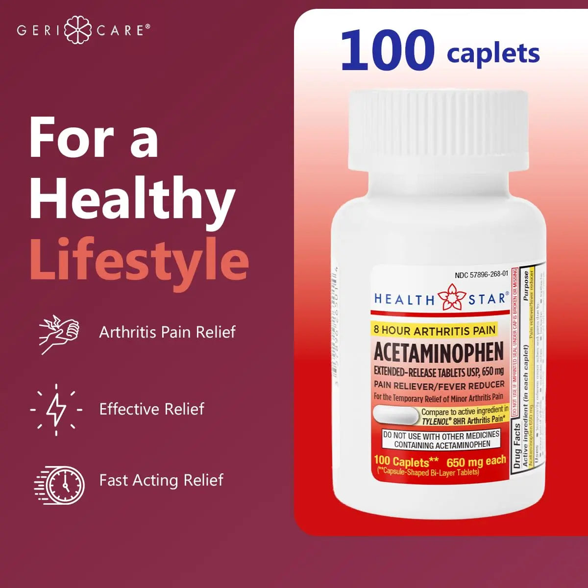 GeriCare Acetaminophen Extended-Release Arthritis 650mg Caplets, Pain Reliever, Arthritis Symptoms, Fever Reduction, 100 Count (Pack of 1) GeriCare buy supplements canada