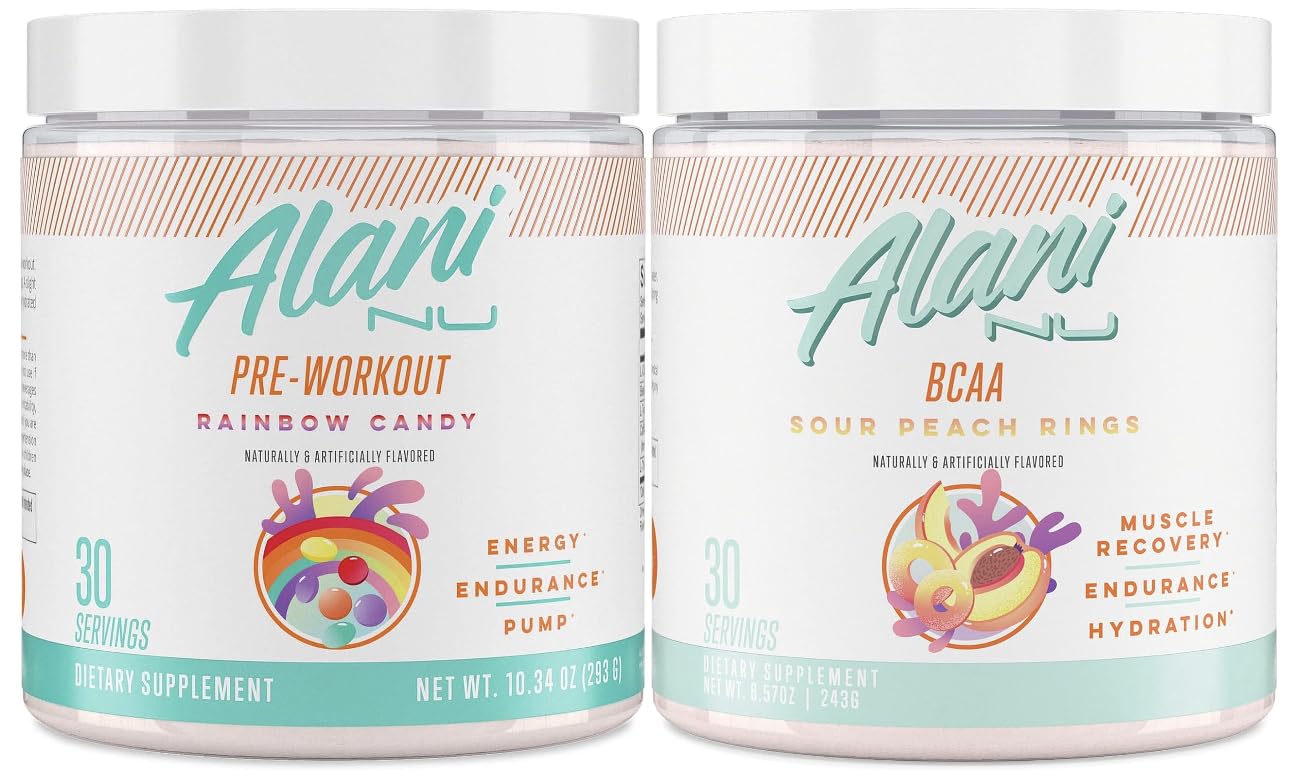 Alani Nu Rainbow Candy Pre Workout and BCAA Sour Peach Rings Post Workout Powder Alani Nu buy supplements canada
