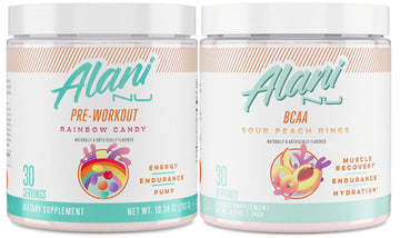 Alani Nu Rainbow Candy Pre Workout and BCAA Sour Peach Rings Post Workout Powder Alani Nu buy supplements canada