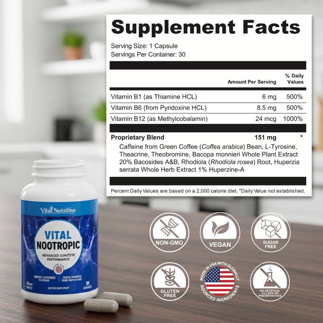Vital Nootropic 12-in-1 Brain Supplement for Memory, Focus & Energy Support – L-Tyrosine, Bacopa, Rhodiola, Caffeine, B Vitamins – Cognitive Balance Capsules for Men & Women-30 Days Supply VITAL NUTRITIVE buy supplements canada