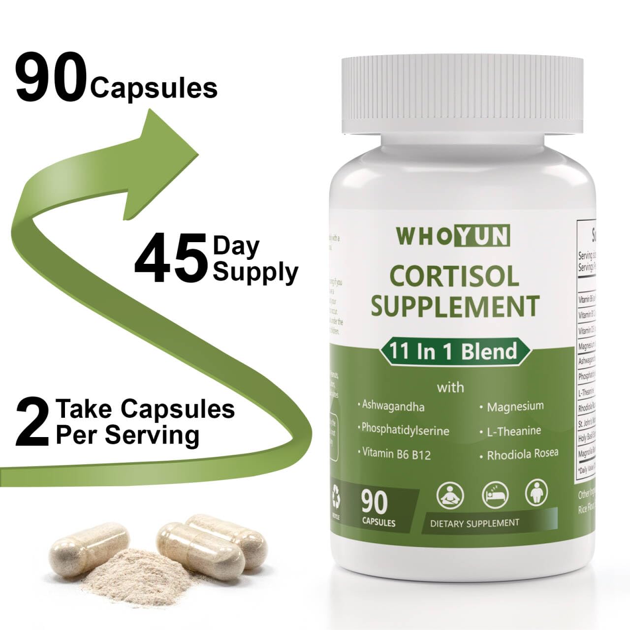 Whoyun Cortisol Supplement for Women, 11 in 1 Lower Cortisol Blend with Ashwagandha, Phosphatidylserine, Magnesium, L-Theanine, Vegan, 90 Capsules Whoyun buy supplements canada
