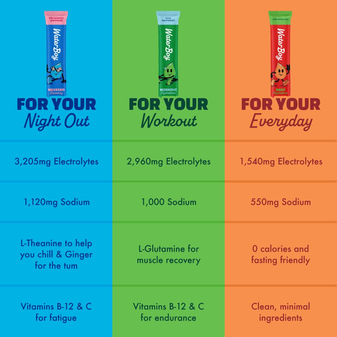 Waterboy Daily Hydration | 1,570mg Electrolyte Powder Packets | No Sugar, All Natural, Gluten Free, Zero Calories | 15 Drink Stick Mixes (Watermelon) Waterboy buy supplements canada