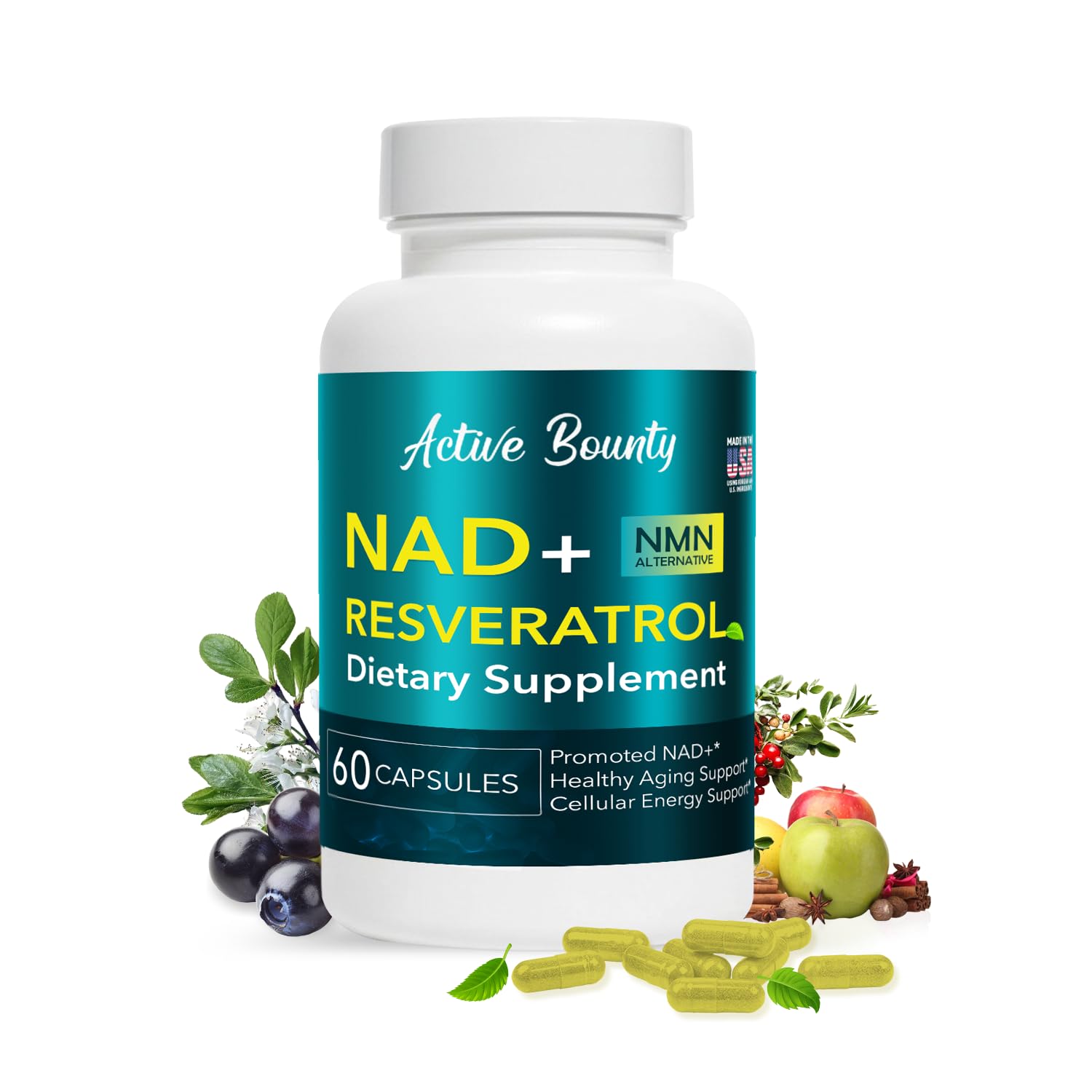 NAD+ Resveratrol Supplement with Quercetin – NMN Alternative for Cellular Energy Support, Focus & Healthy Aging – High Potency 500mg NAD+ Formula, Vegan, Non-GMO, Gluten-Free, Made in USA, 60 Capsules Active Bounty buy supplements canada
