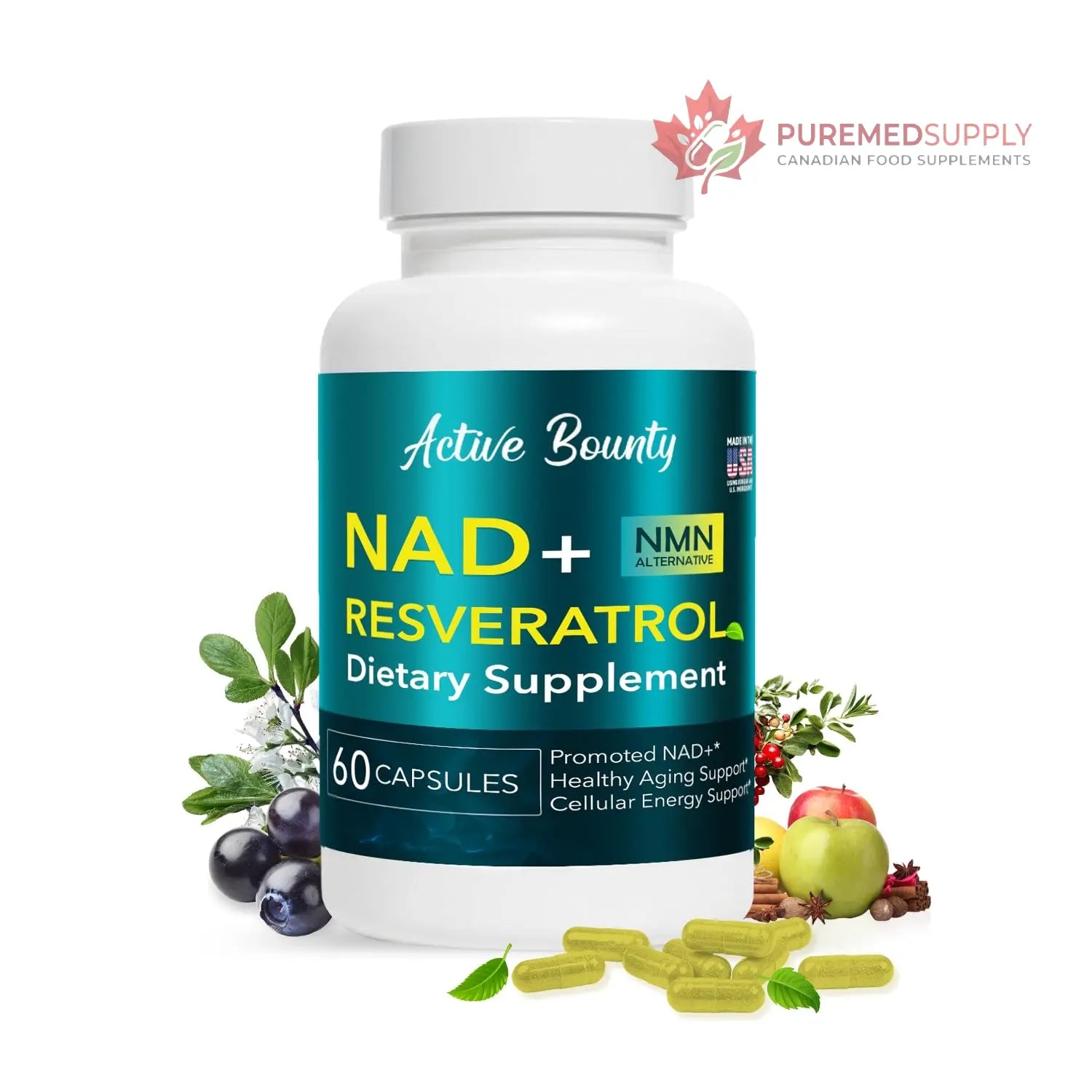 NAD+ Resveratrol Supplement with Quercetin – NMN Alternative for Cellular Energy Support, Focus & Healthy Aging – High Potency 500mg NAD+ Formula, Vegan, Non-GMO, Gluten-Free, Made in USA, 60 Capsules Active Bounty buy supplements canada