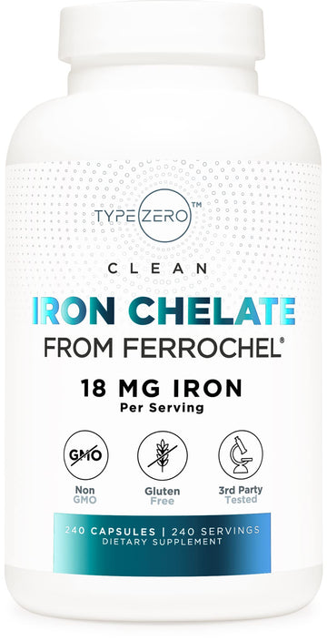 Type Zero Iron Chelate Capsules (18 MG, 240 CAPS) from Ferrochel Ferrous Bisglycinate Chelate - Non-GMO and Gluten Free Type Zero buy supplements canada