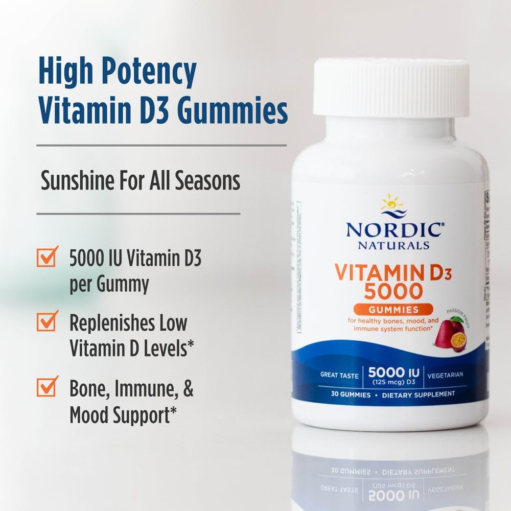 Nordic Naturals Vitamin D3 5000 Gummies, Passion Fruit - 30 Gummies - Support for Healthy Bones, Mood, & Immune System - Vegetarian - Non-GMO - 30 Servings Nordic Naturals buy supplements canada