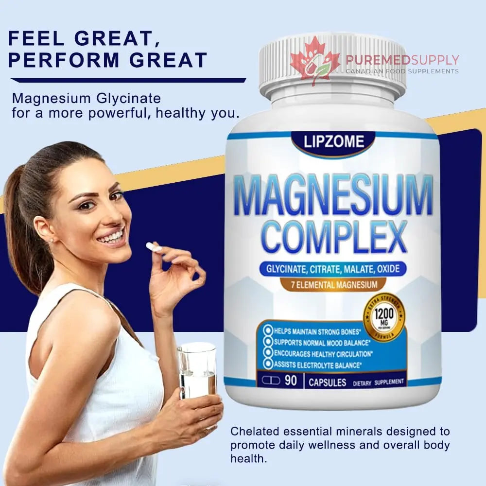 Magnesium Complex Supplement 1200mg - Advanced 7-in-1 Magnesium Blend - Glycinate, Citrate, Malate, Taurate, Oxide, Aspartate, Orotate – High Absorption Formula – Non-GMO, 90 Capsules Lipzome buy supplements canada