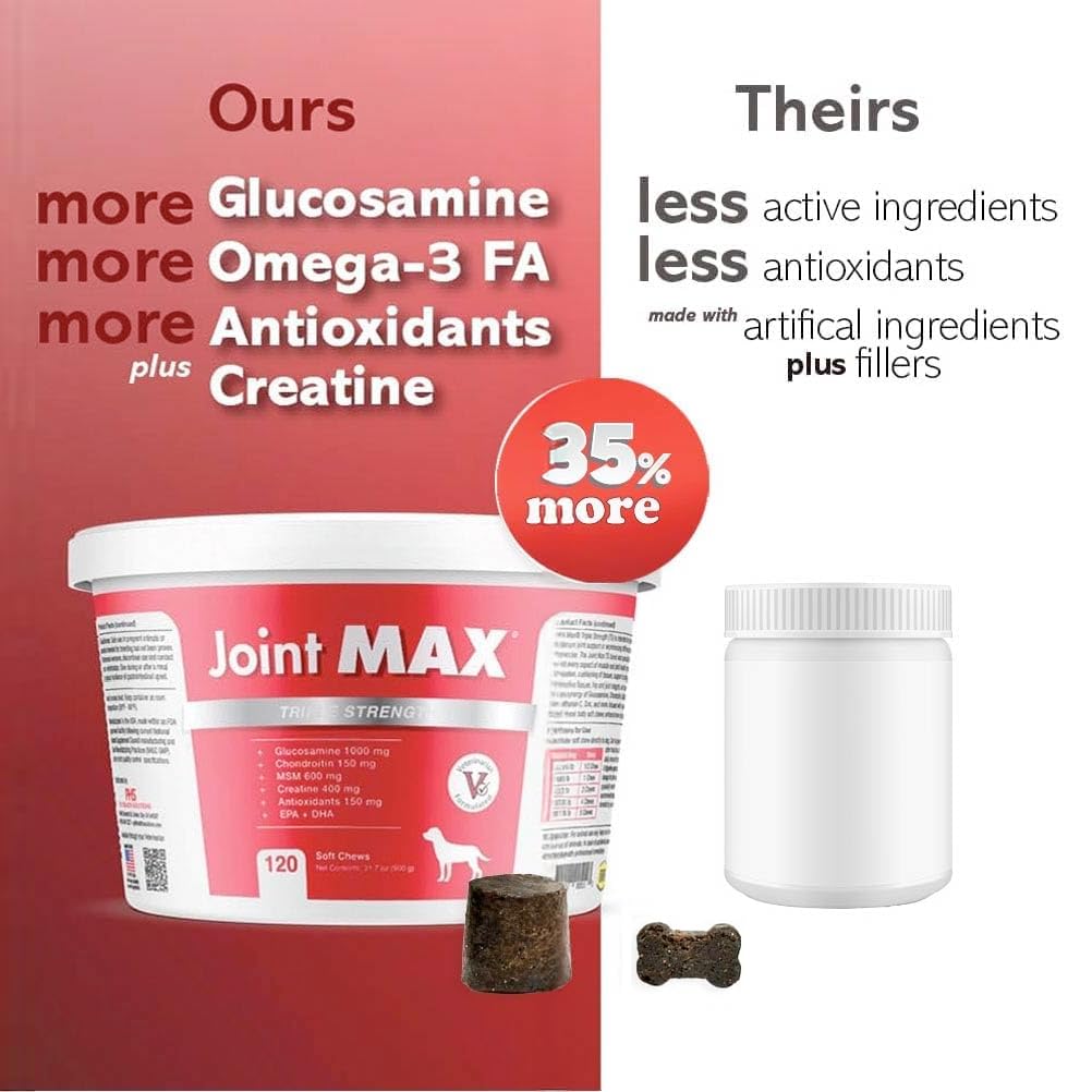 Joint Max TS Joint Supplement Vet Formulated Pain & Inflammation Relief Treats Hip Dysplasia & Arthritis, Glucosamine, Chondroitin, Turmeric, MSM, HA, Creatine, Omega 3 EPA + DHA.120 Soft Chews Joint Max buy supplements canada