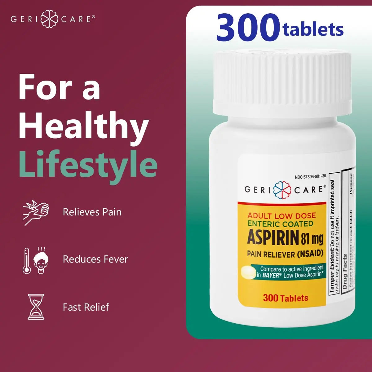 GeriCare Aspirin 81mg Adult Low Dose, Pain Reliever - Enteric Coated Tablets for Enhanced Absorption and Gentle Digestion – Supports Blood Flow, Reduces Inflammation, 300 Count (Pack of 1) GeriCare buy supplements canada