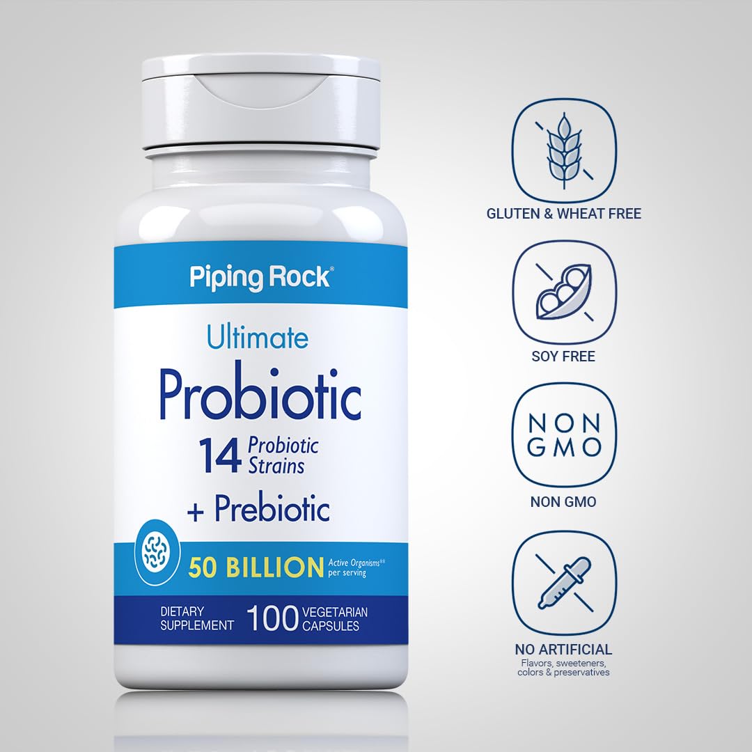 Piping Rock Probiotic and Prebiotic for Women and Men | 50 Billion CFU | 100 Capsules | Ultimate 14 Strain Supplement | Vegetarian, Non-GMO, Gluten Free Piping Rock buy supplements canada