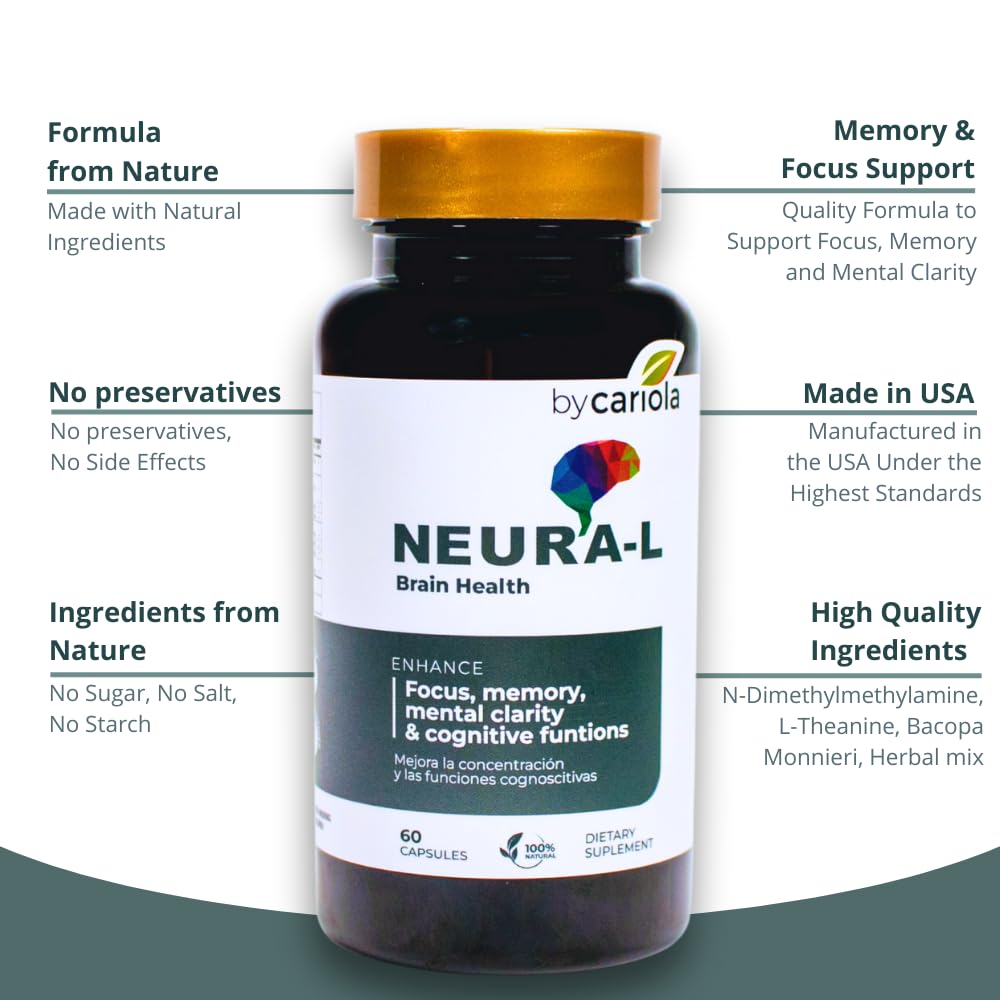 BY CARIOLA Neural-L Natural Brain Support Supplement 60 Caps - Mental Support – Memory Booster - Concentration - Natural Formula - Ashwagandha - L-Tyrosine - L-Theanine BY CARIOLA buy supplements canada